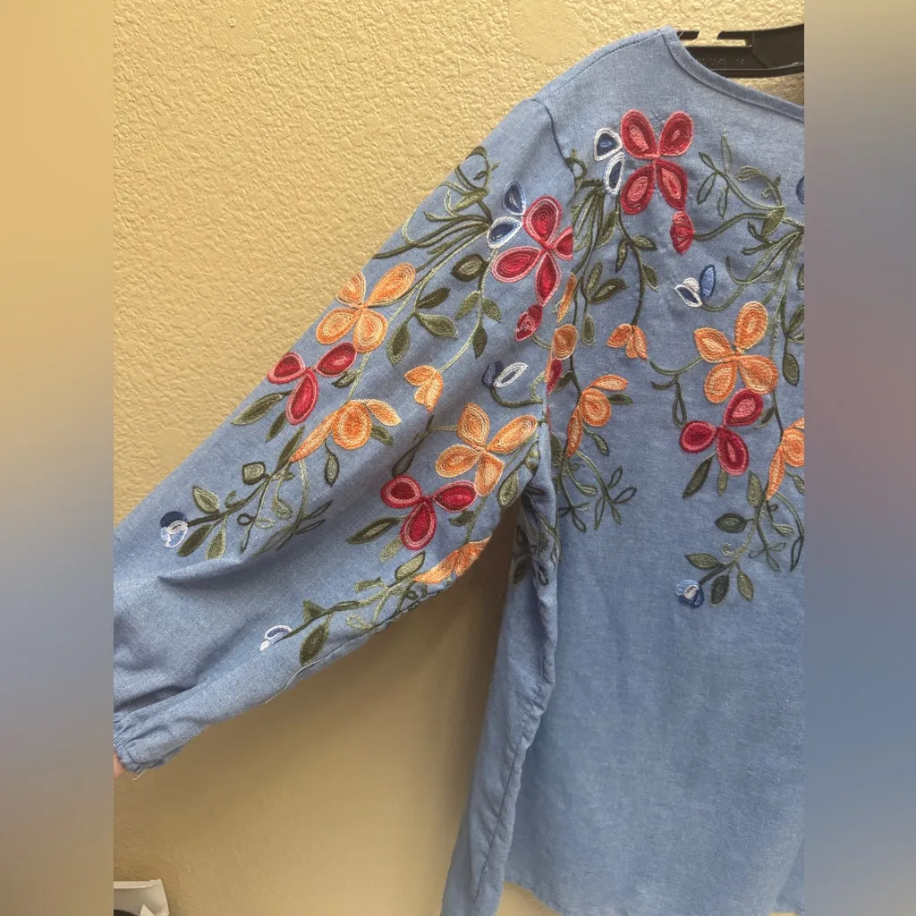 Women's Kindred Anthropology Embroidered Blue Blouse 3/4 Sleeves Size XL - Image 11