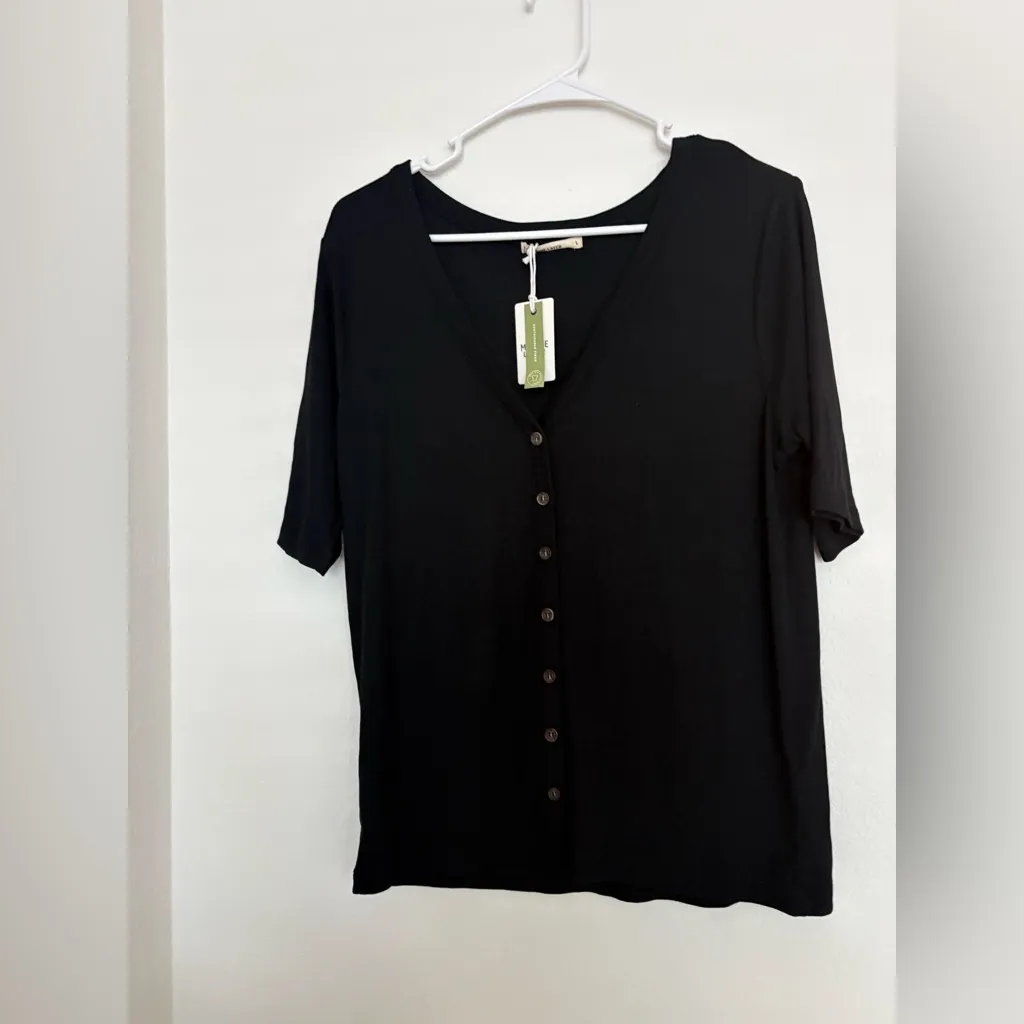 Marine Layer  NWT Womens L Black Lexi Ribbed Button Up Top - Image 3