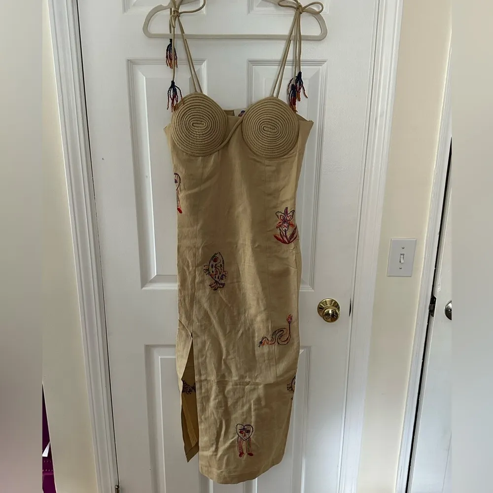 FARM Rio x Anthropologie Tan Embroidered Linen Blend Midi Dress NEW small - Image 15