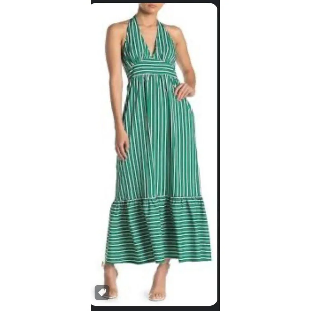 Jealous Tomato Halter Neck Maxi Dress Green Striped Open Back Ruffle Hem Sz S - Image 2