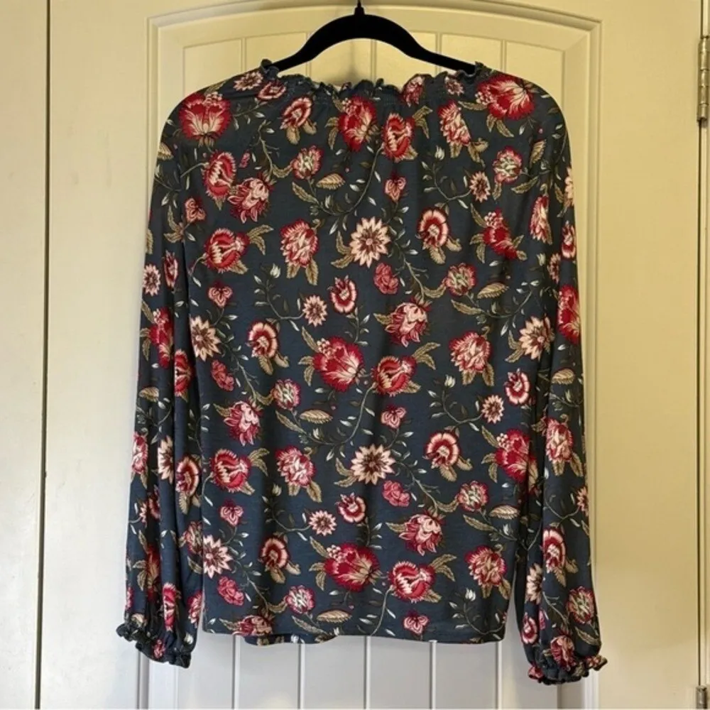 LOFT Women's Green Outlet Floral Mock Ruffle Neck Long Sleeve Blouse Top Sz XS # - Image 4