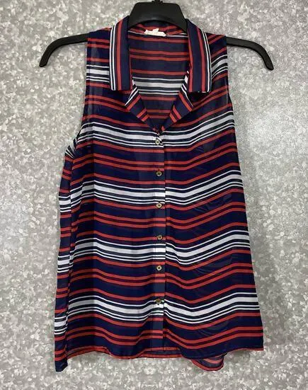 Thyme & Honey Blue Striped Sleeveless Button Up Shirt - Size Small - Semi Sheer - Image 1