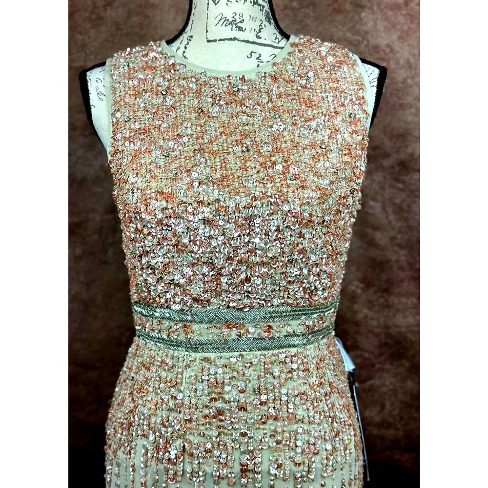 Mac Duggal Sleeveless High Neck Beaded Sheath Dress Nude 4 - Image 7