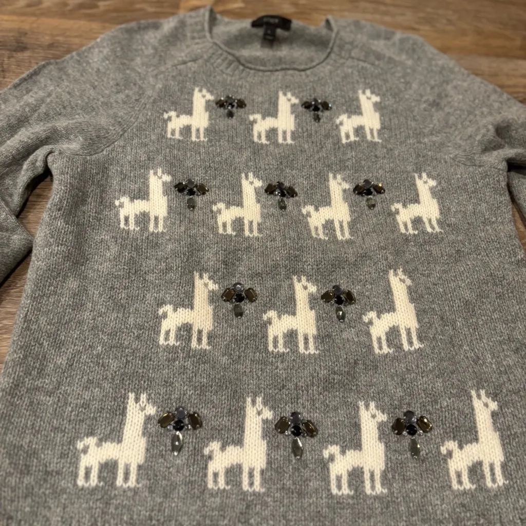 J.Crew Jeweled Llama Sweater Gray 100% Wool Novelty Statement Crewneck Women’s L - Image 2
