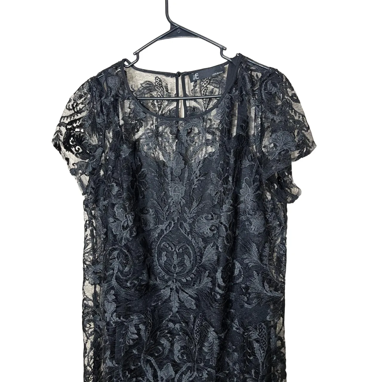 Leslie Fay Black Sheer Lace Short Sleeve Round Neck Midi Sheath‎ Dress 14W - Image 7