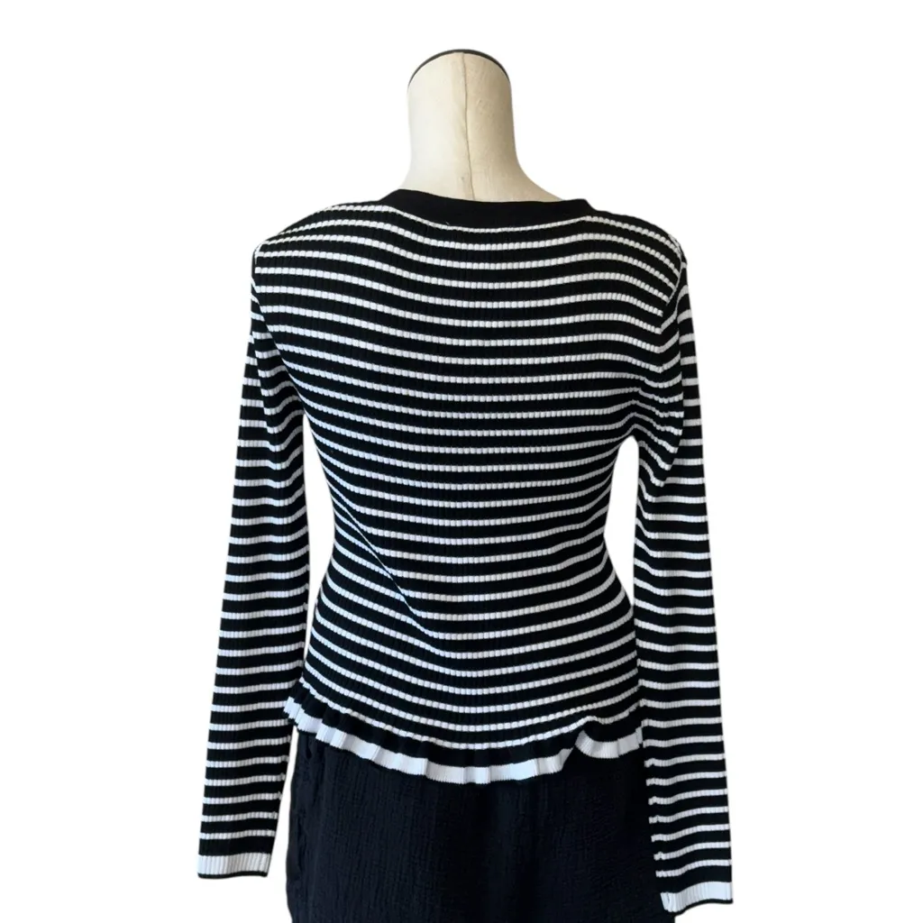 NWT Nanette Lepore V Neck Striped Pearl Embroidery Striped Stretch Cardigan M - Image 7