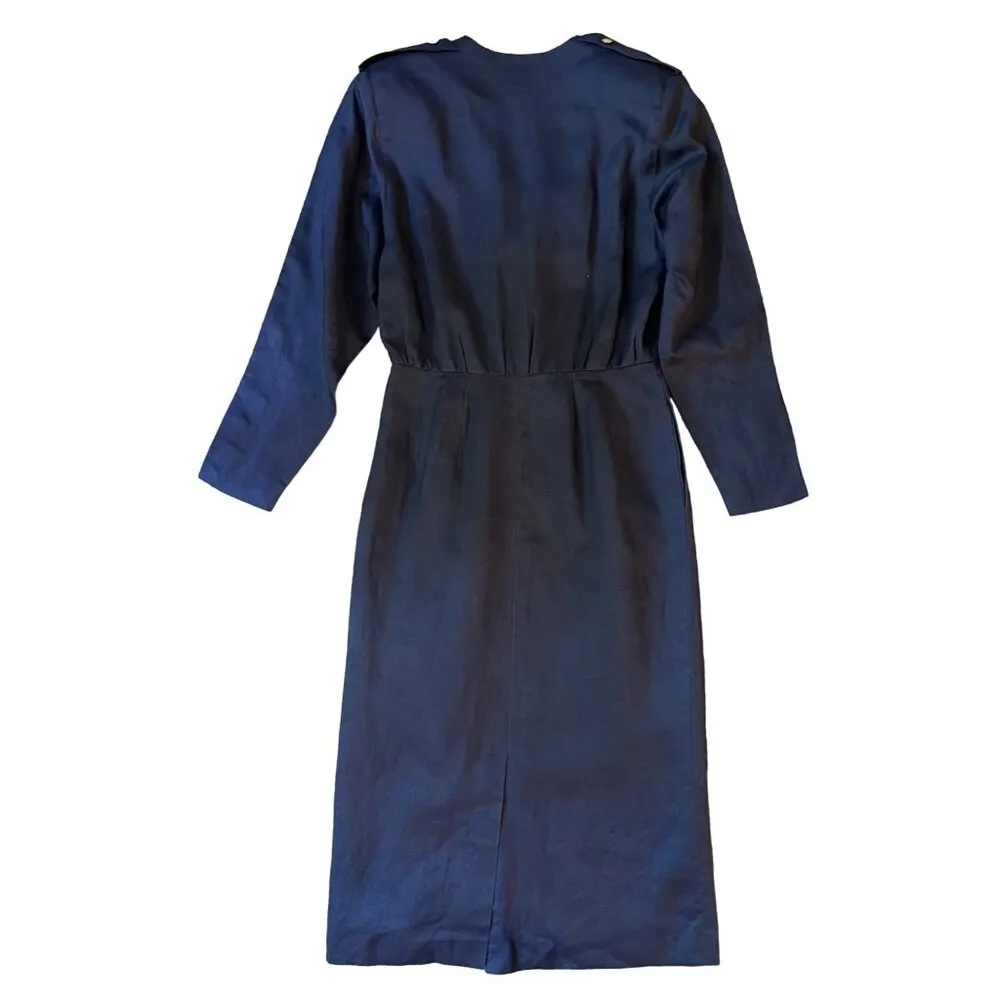 VTG New Le Crillon 10 12 Maxi Linen Shirt Dress Long 80’s Nautical Blue Wiggle - Image 2