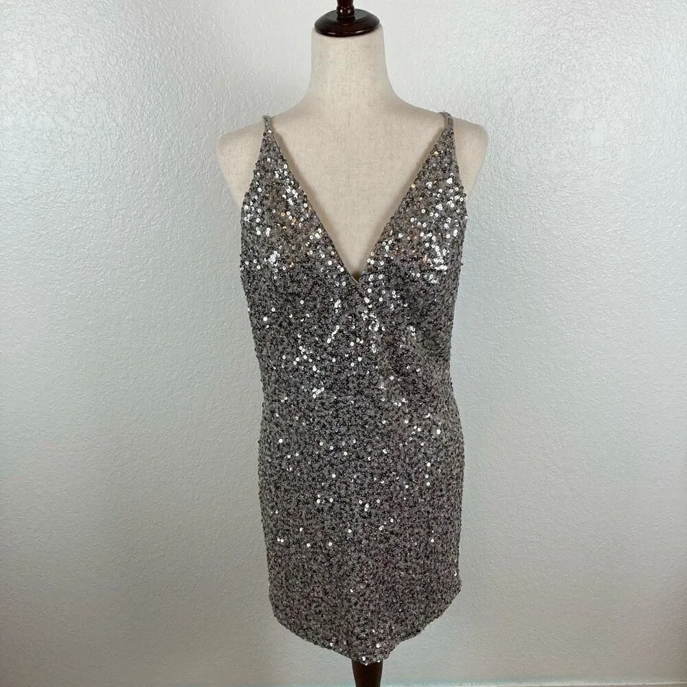 Dress The Population Tatum metallic sequin body con mini party dress women’s L - Image 5
