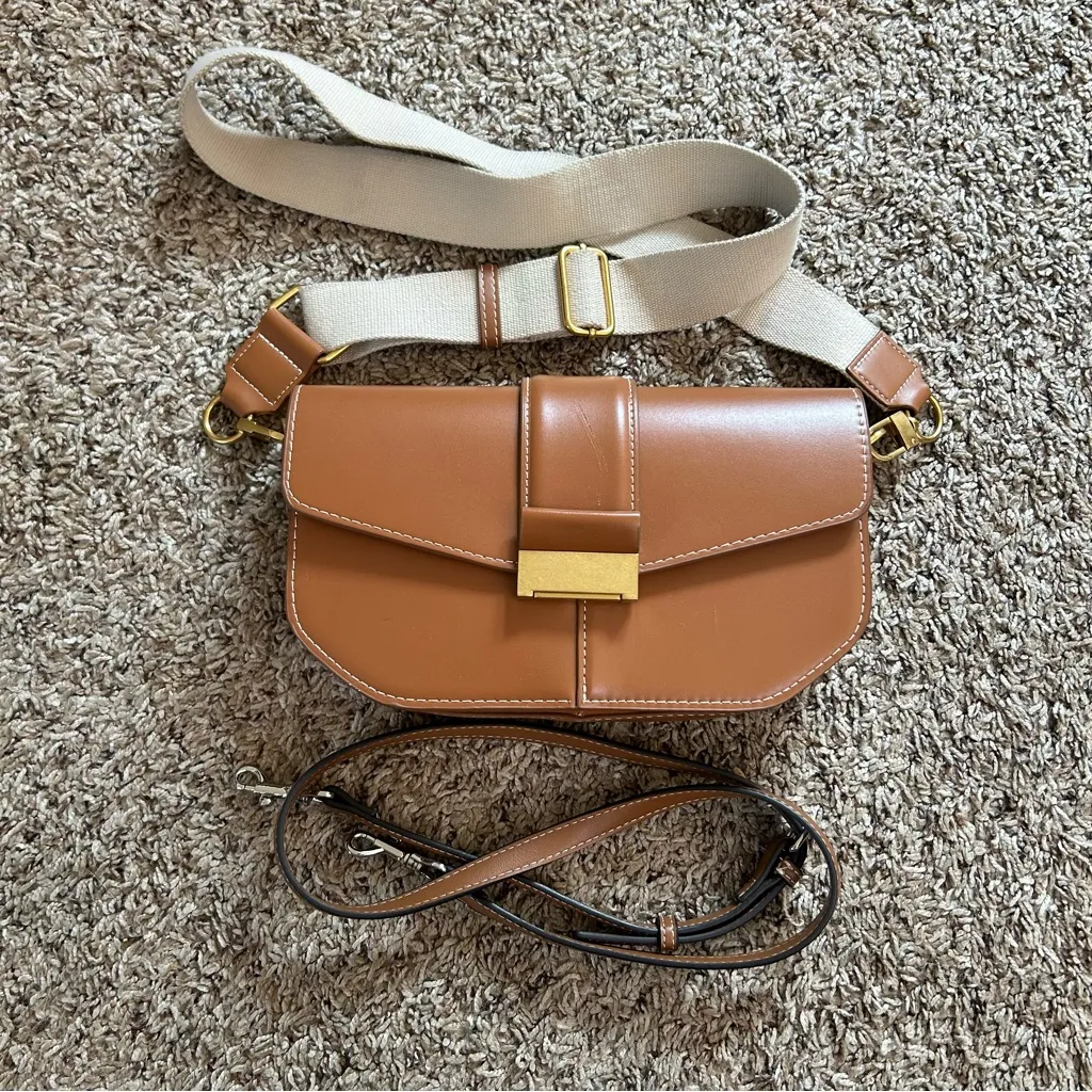 Zara tan faux vegan leather boxy retro 60s inspired crossbody clutch bag - Image 2