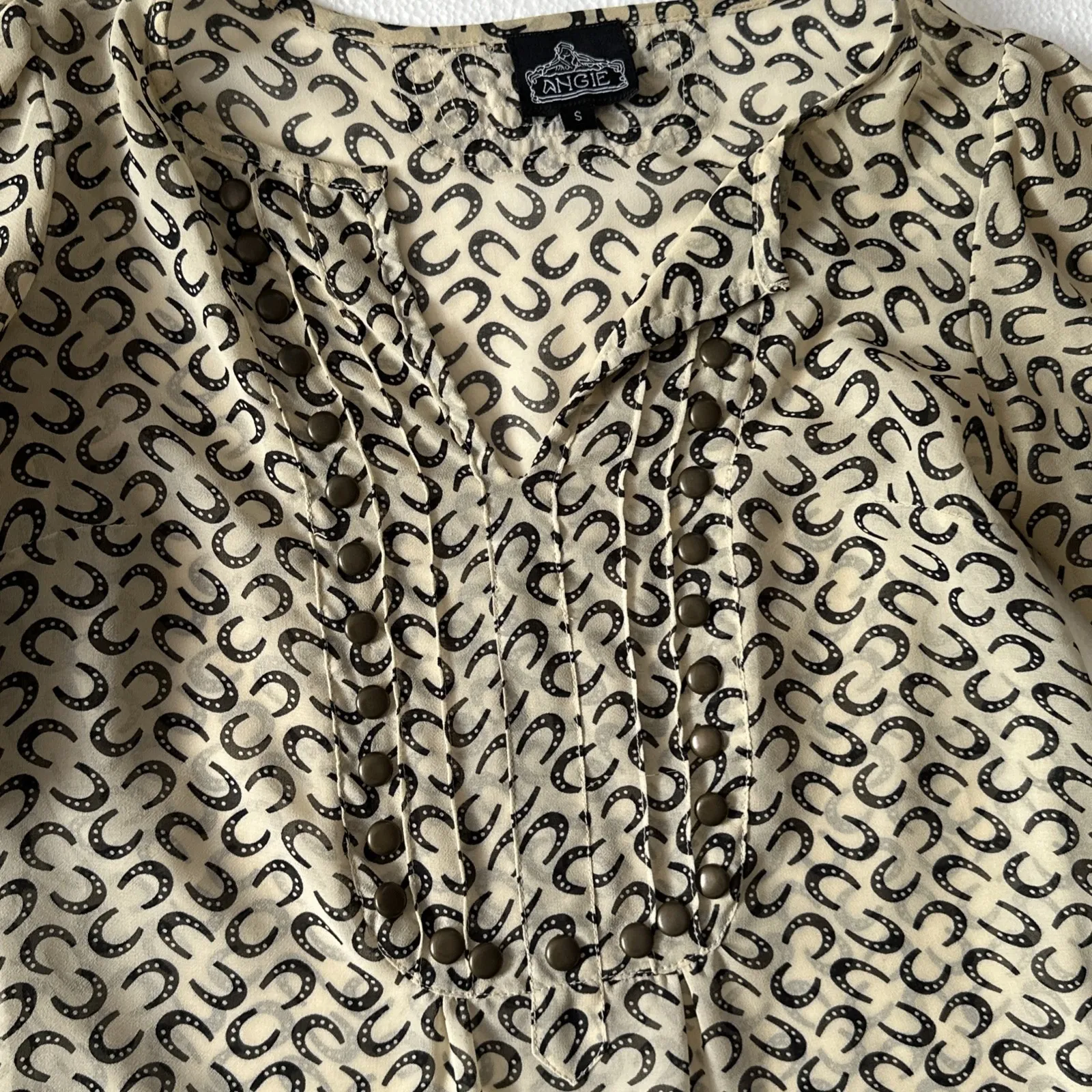 Angie Women Cream Black Short Sleeve Equestrian Brass Stud‎ Top Horse Small - Image 3