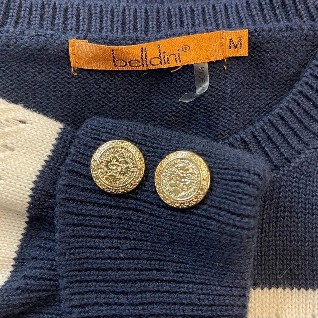 Belldini Navy and Cream Sweater with Gold Buttons Blue Size M - Image 6
