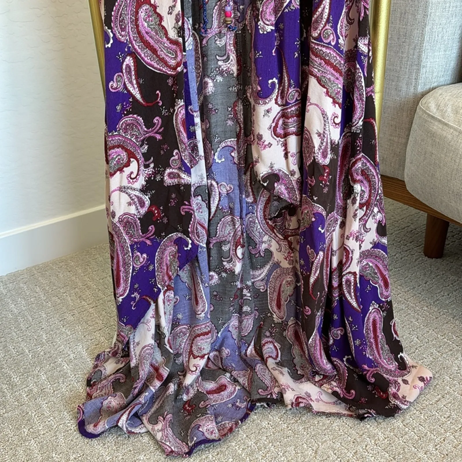 Meghan LA paisley tie waist kimono duster length brown pink purple maxi sz S - Image 6