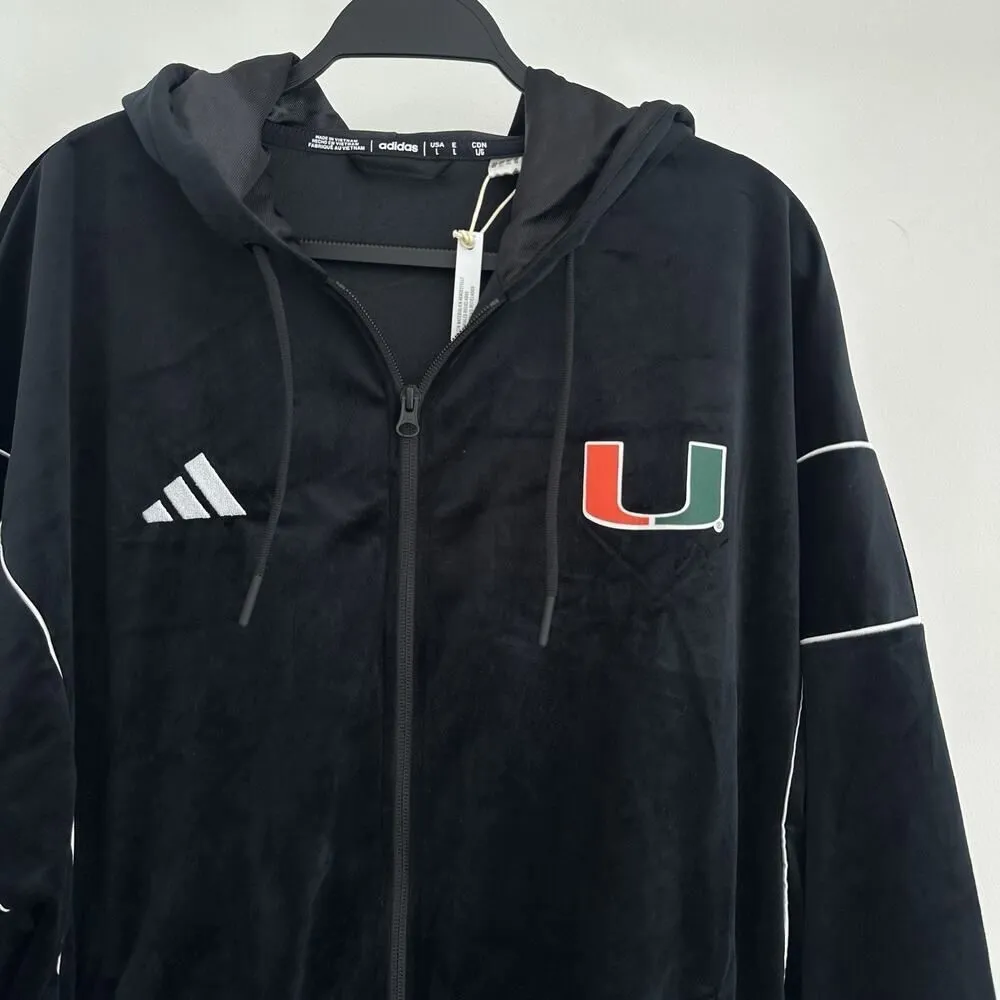 Miami Hurricanes Adidas Jacket Womens Large Black Velour Patch Zip Hoodie UM - Image 3