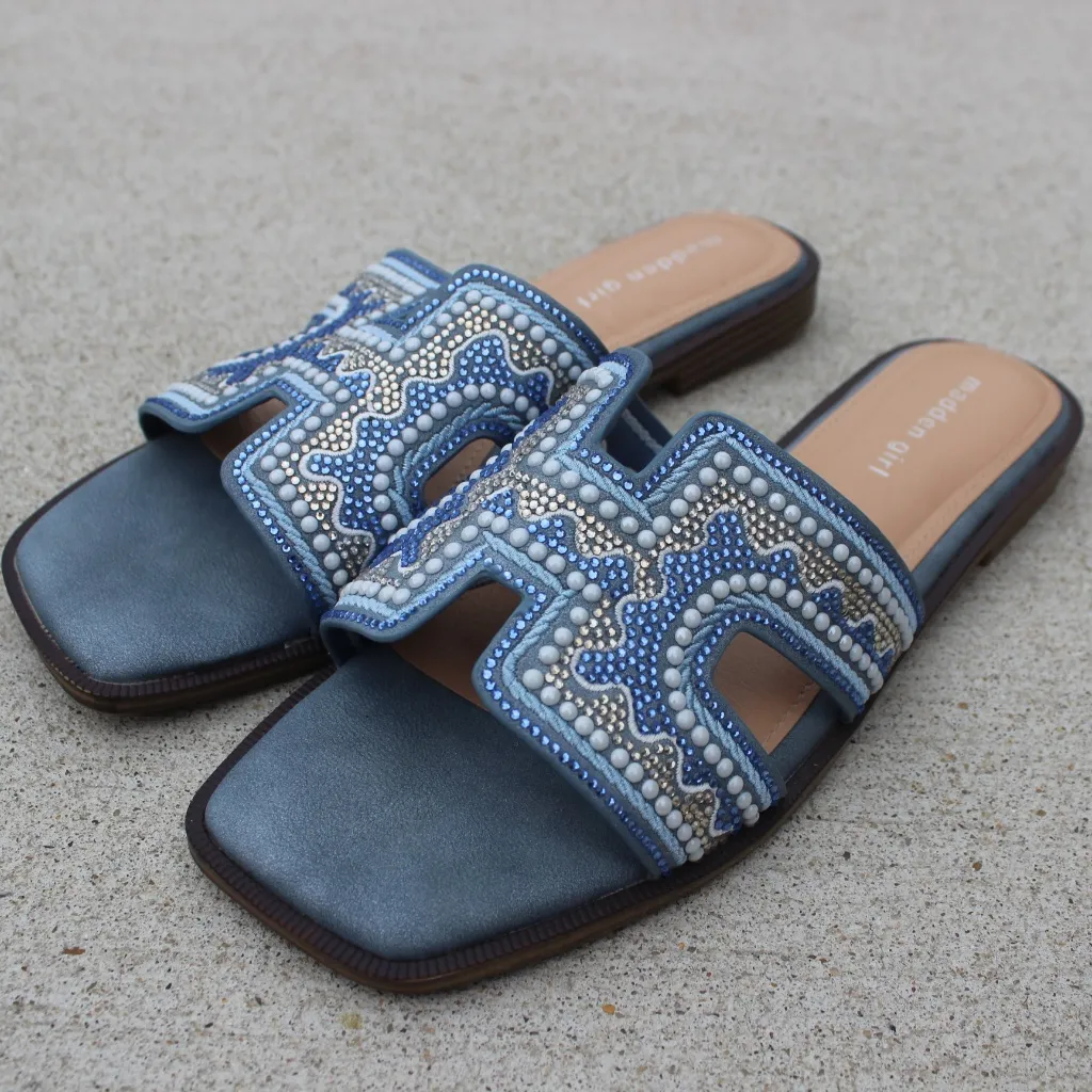 Madden Girl Blue Rhinestone Beaded Sparkle Slide Sandals Sz 9 - Image 7