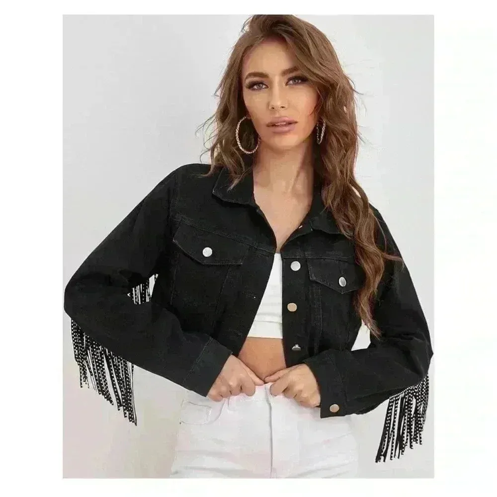 Women’s denim black fringe Jean jacket Size L - Image 3