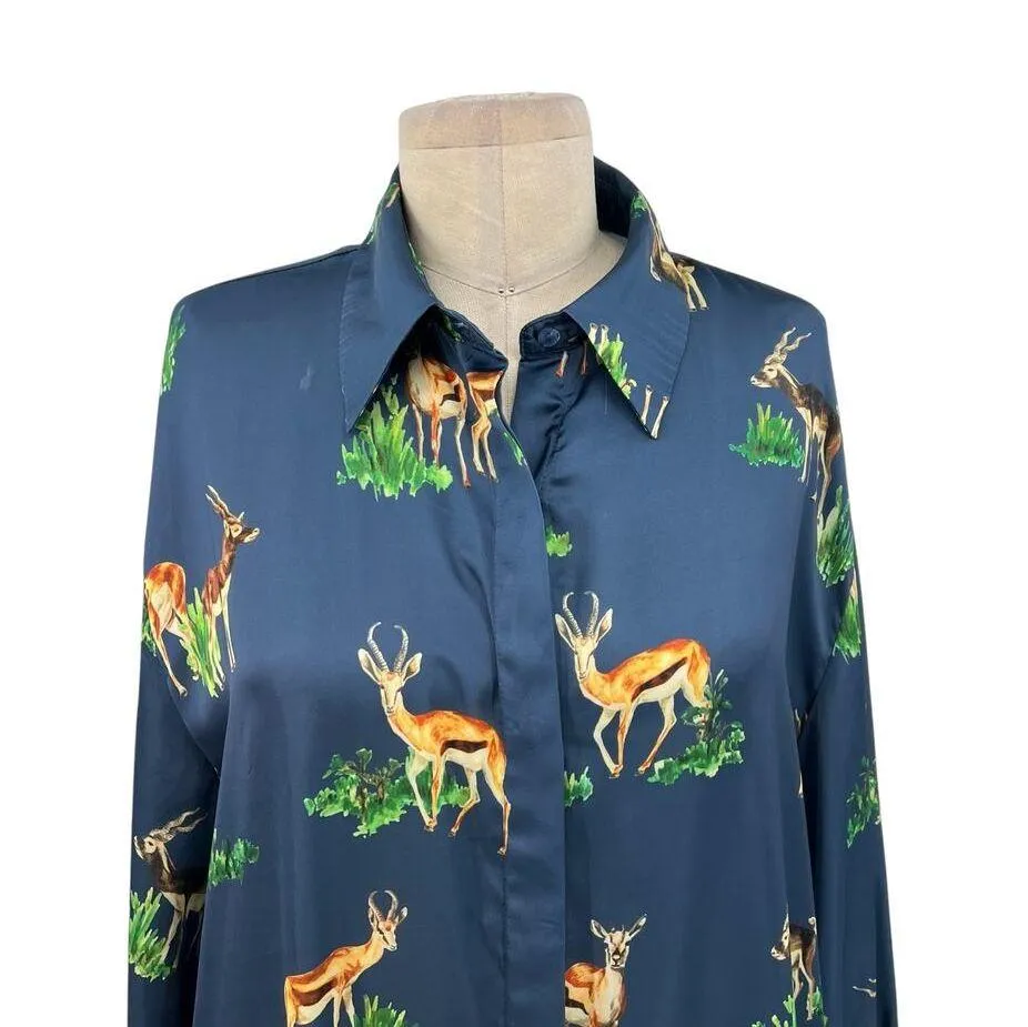 Zara Shirt Dress Deer Print Long Sleeve Midi Satin Blue Size Medium - Image 3