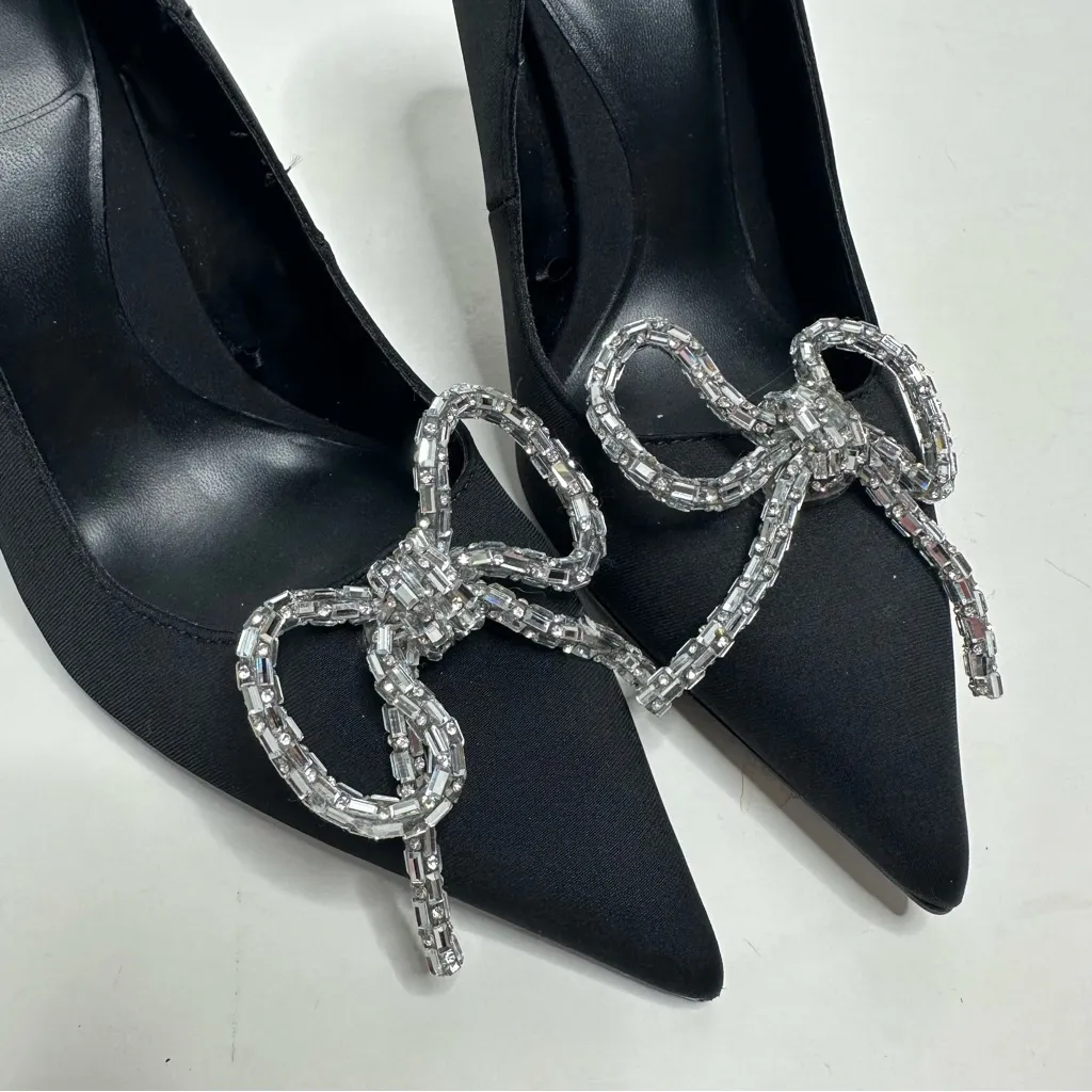 Zara Black Pointed Toe Silver Bow Stiletto Heels Size 39 - Image 3