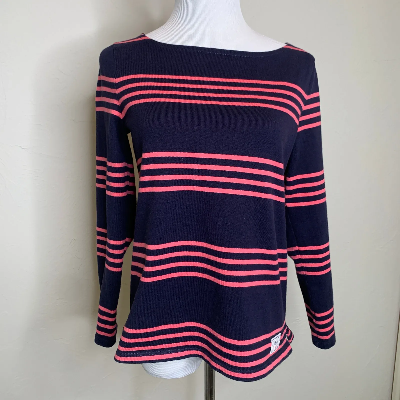 Talbots Navy Blue Pink Striped Boat Neck Knit Top Sz Small Petite - Image 2