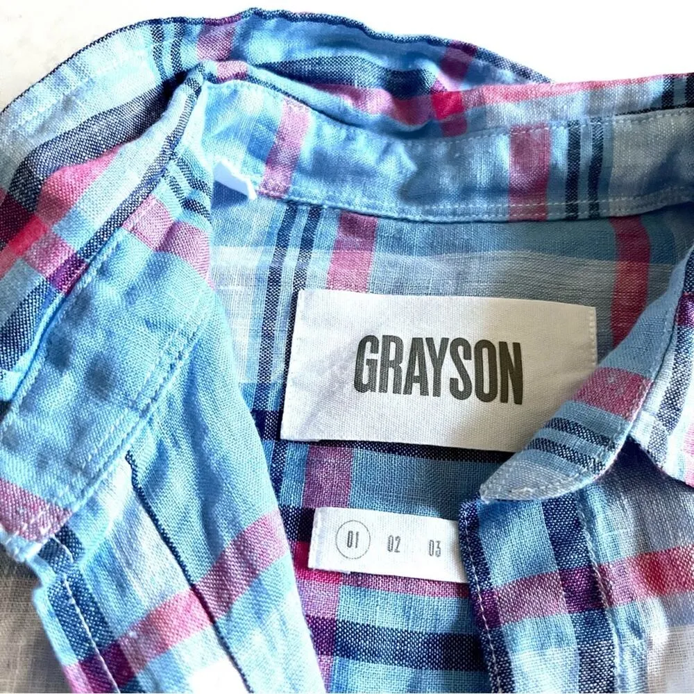 Grayson Threads The Hero 100% Linen Blue Plaid Button Down Top Anthropologie - Image 4