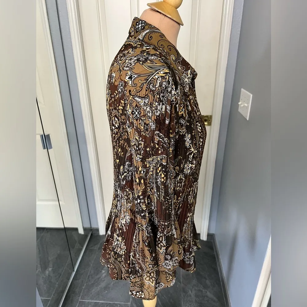 Vtg New York City Design Co Brown Floral Paisley Crinkle Retro Button Up Blouse‎ Size 2X - Image 4