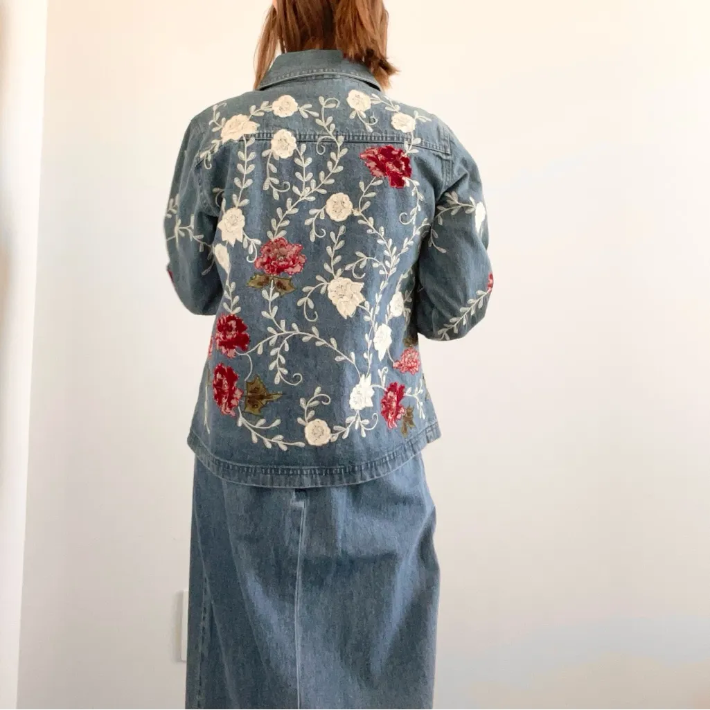 Vintage Denim&Co Blue Maxi Skirt and Jacket Set with Floral Embroidery - Image 4