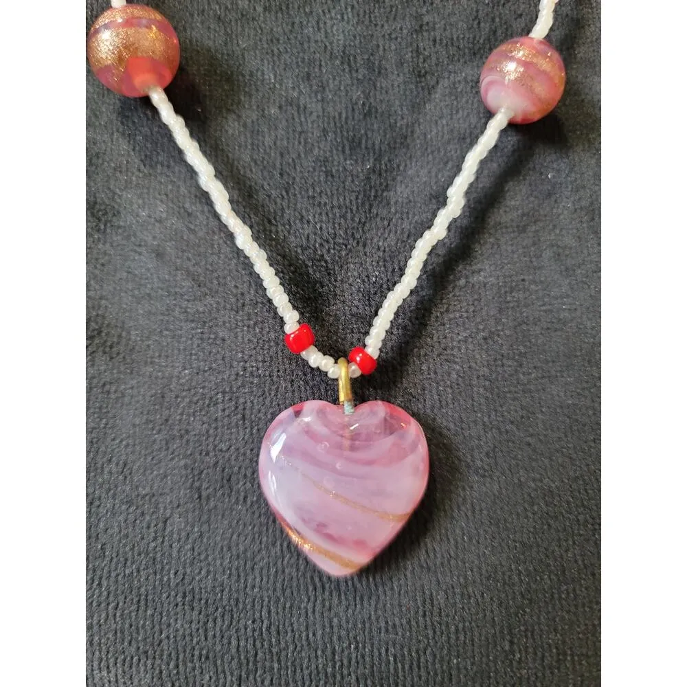 Women's Beaded Necklace With Pink Heart Pendant And Barrel Screw Lock Closure - Image 3