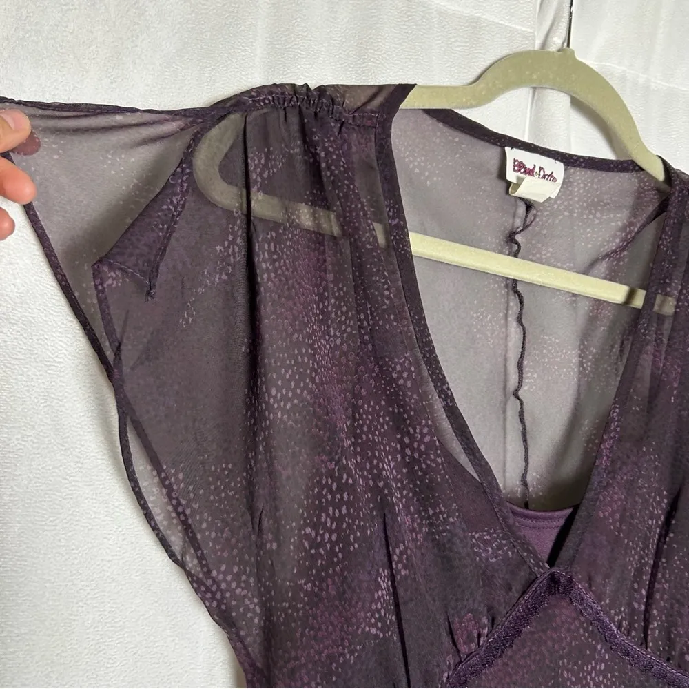 Vintage Blind Date Purple Semi Sheer Mesh V Neck Flutter Cap Sleeve Mini Dress Size M - Image 4