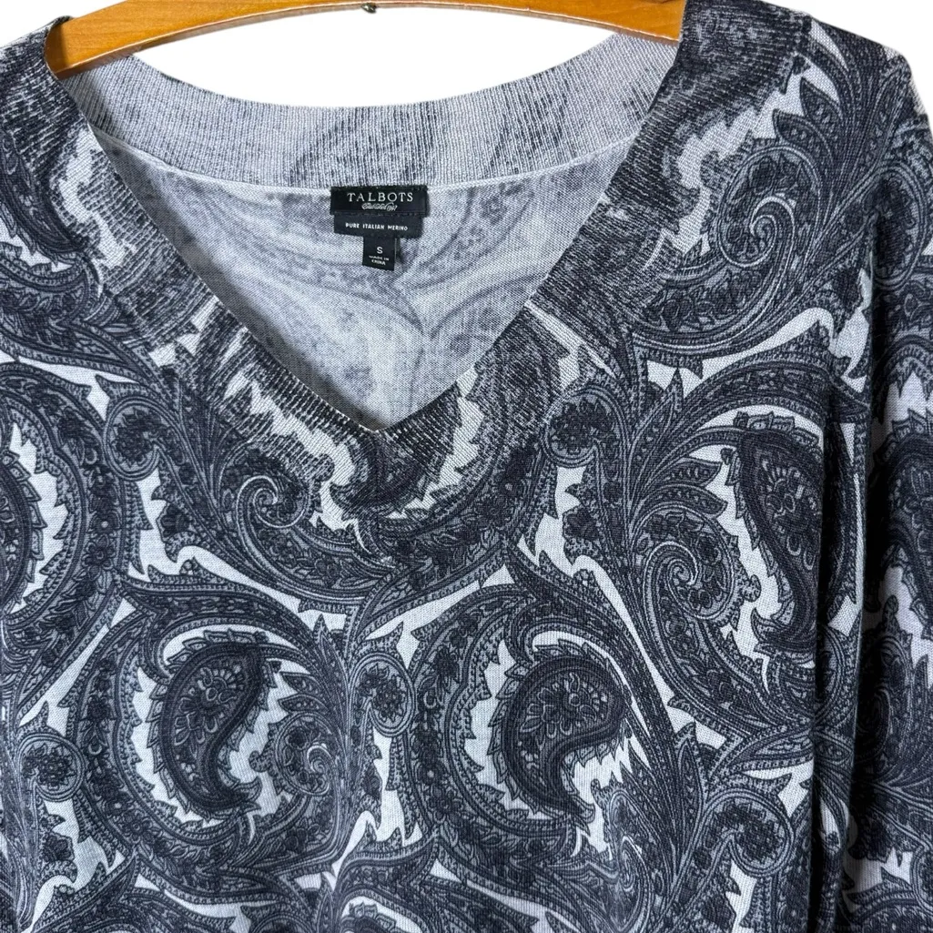 Talbots Women’s Sz Small V-Neck Sweater Pure Italian Merino Wool Paisley Print - Image 2