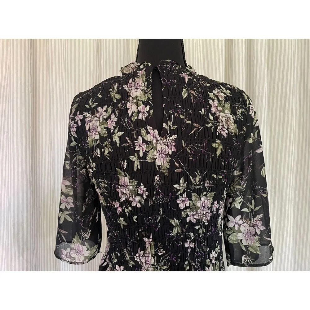 Code X Mode Ruffle Mock Neck Smocked Floral Midi Dress Feminine Boho Flowy Fairy - Image 5