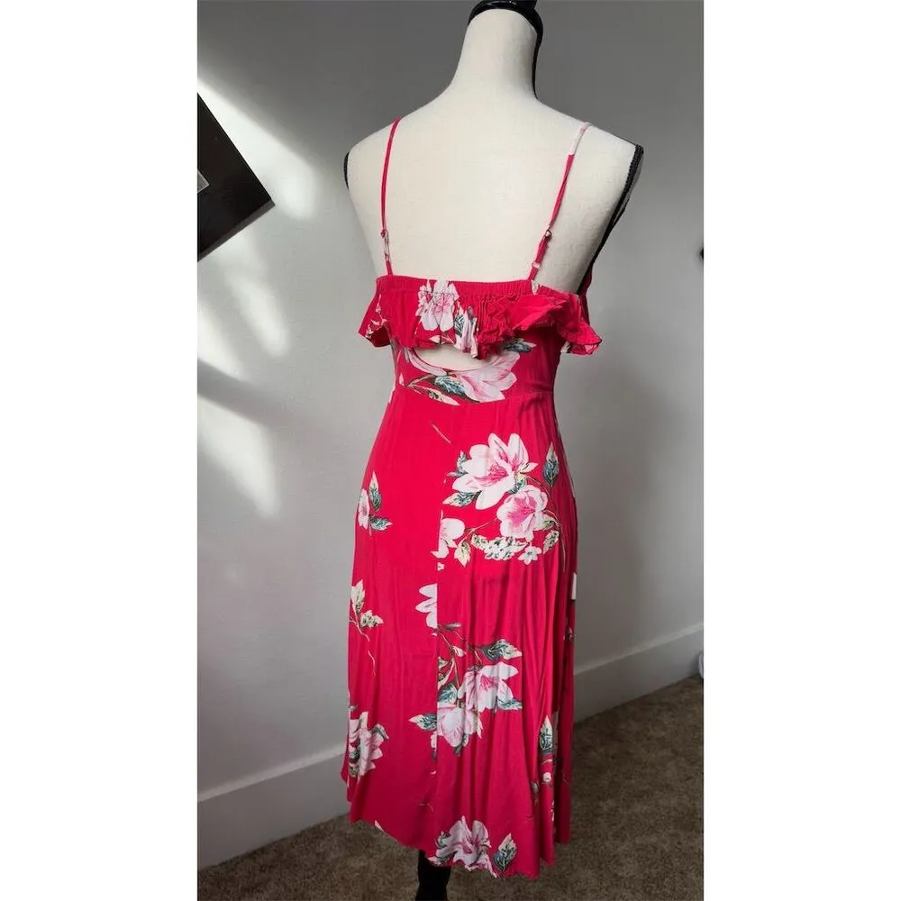 Band of Gypsies Womens XS Floral Ruffle Button Down Red Midi Dress Keyhole Back - Image 5