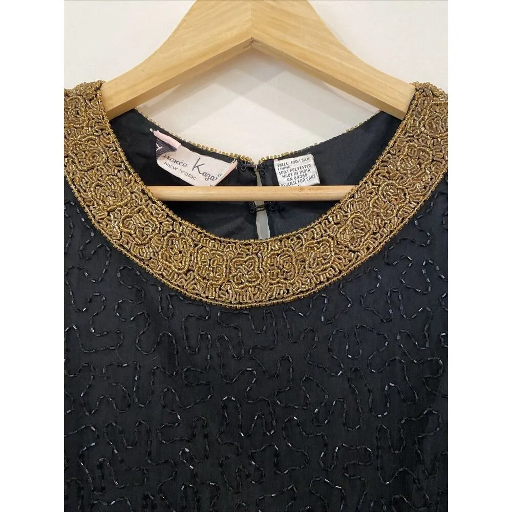 Laurence Kazar Vintage 100% Silk Lurex Fully Beaded Blouse Size Large Black Gold - Image 2