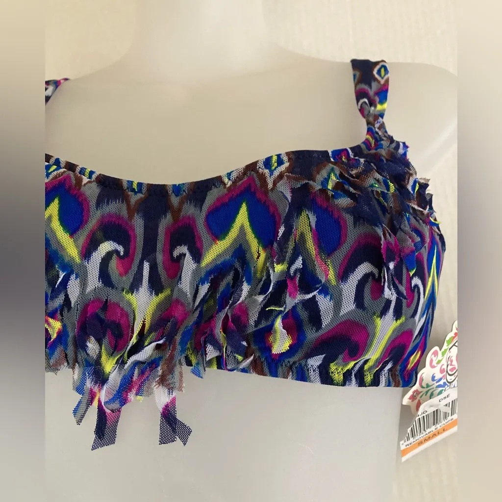 Becca Navy Multicolor Abstract Pattern Mesh Bralette with Fringe Bikini - Image 3