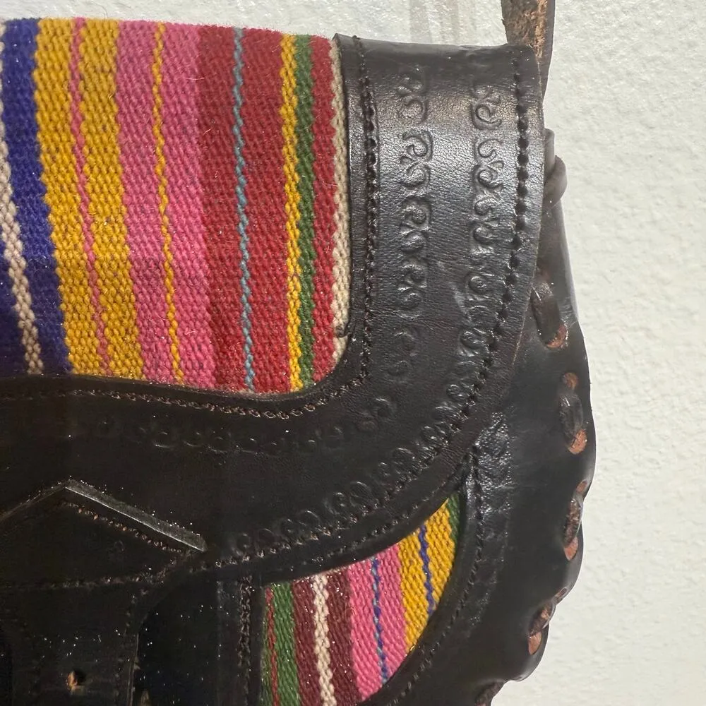 Black Hand Tooled Leather Boho Woven Accent Shoulder Bag - Image 4