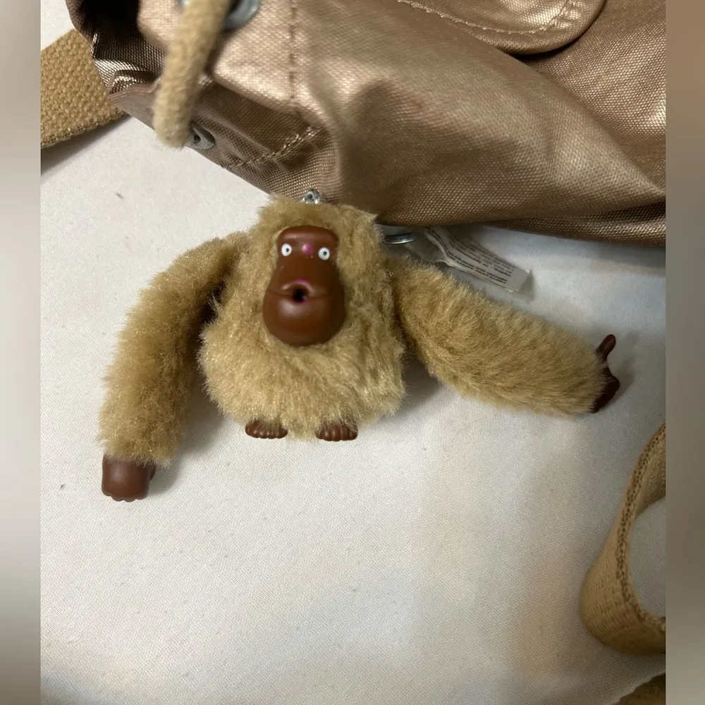 Kipling Backpack Purse Bag Drawstring With Monkey Key Chain Shiny Gold Color - Image 5