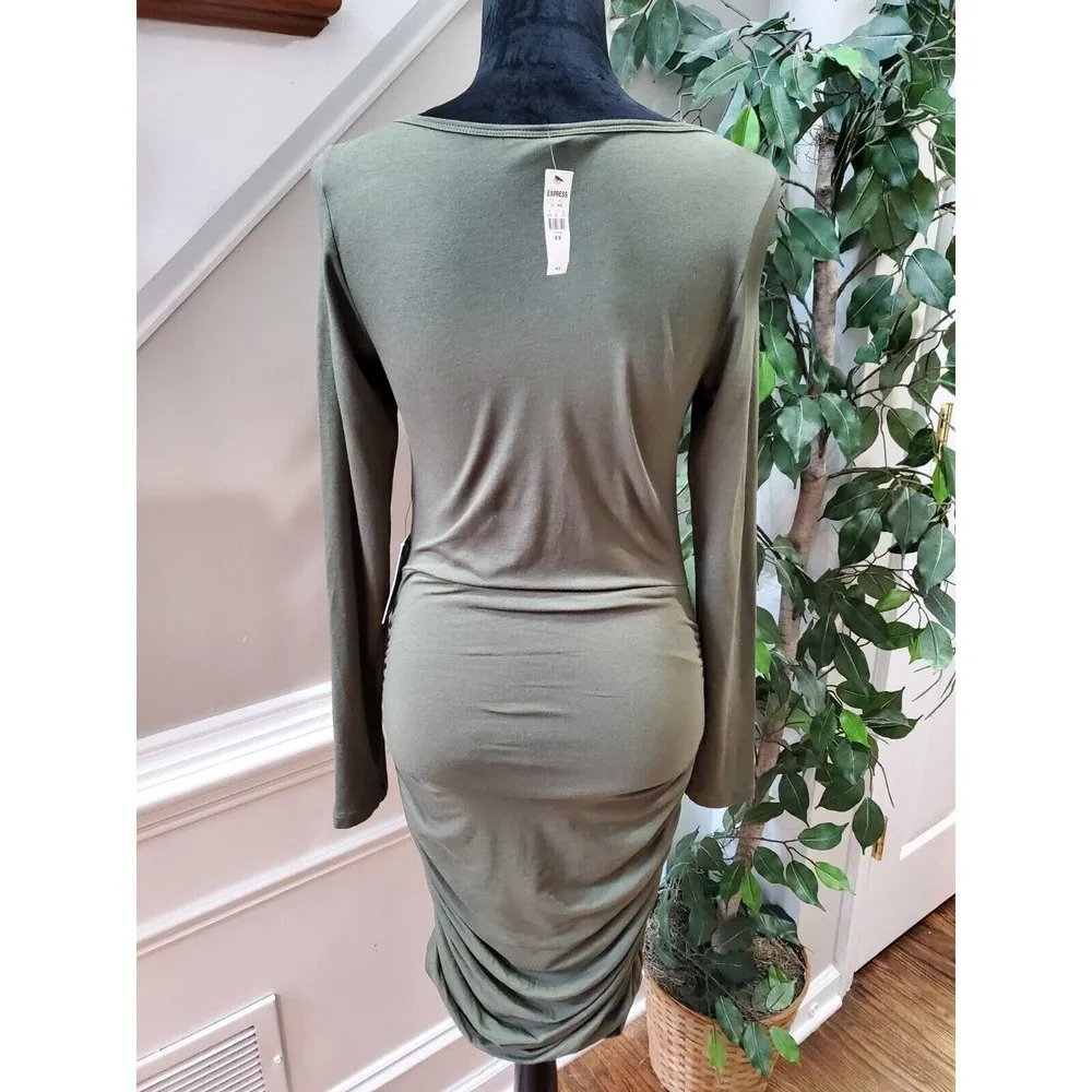 Express Women Green Solid Cotton Round Neck Long Sleeve Knee Length Dress Size M - Image 8