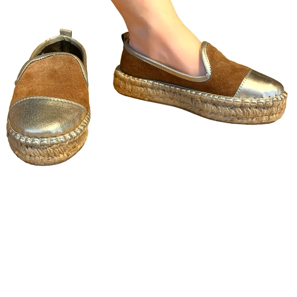 PRUNE COGNAC SUEDE & GOLD LEATHER ESPADRILLE PLATFORM SLIP ON SHOES (6) Brown - Image 3