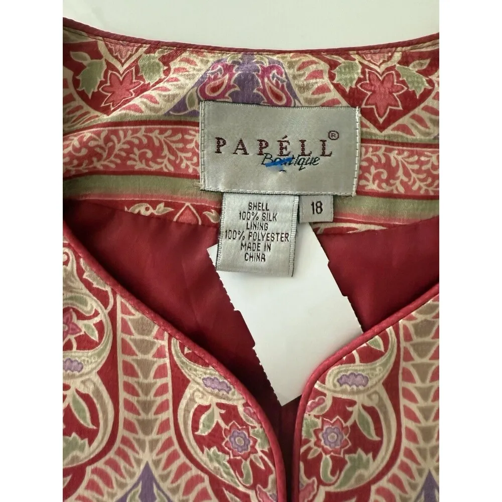 Papell Vintage Womens  XL Silk Ethnic Shoulder Pad Retro Floral Quilted Red Top - Image 3