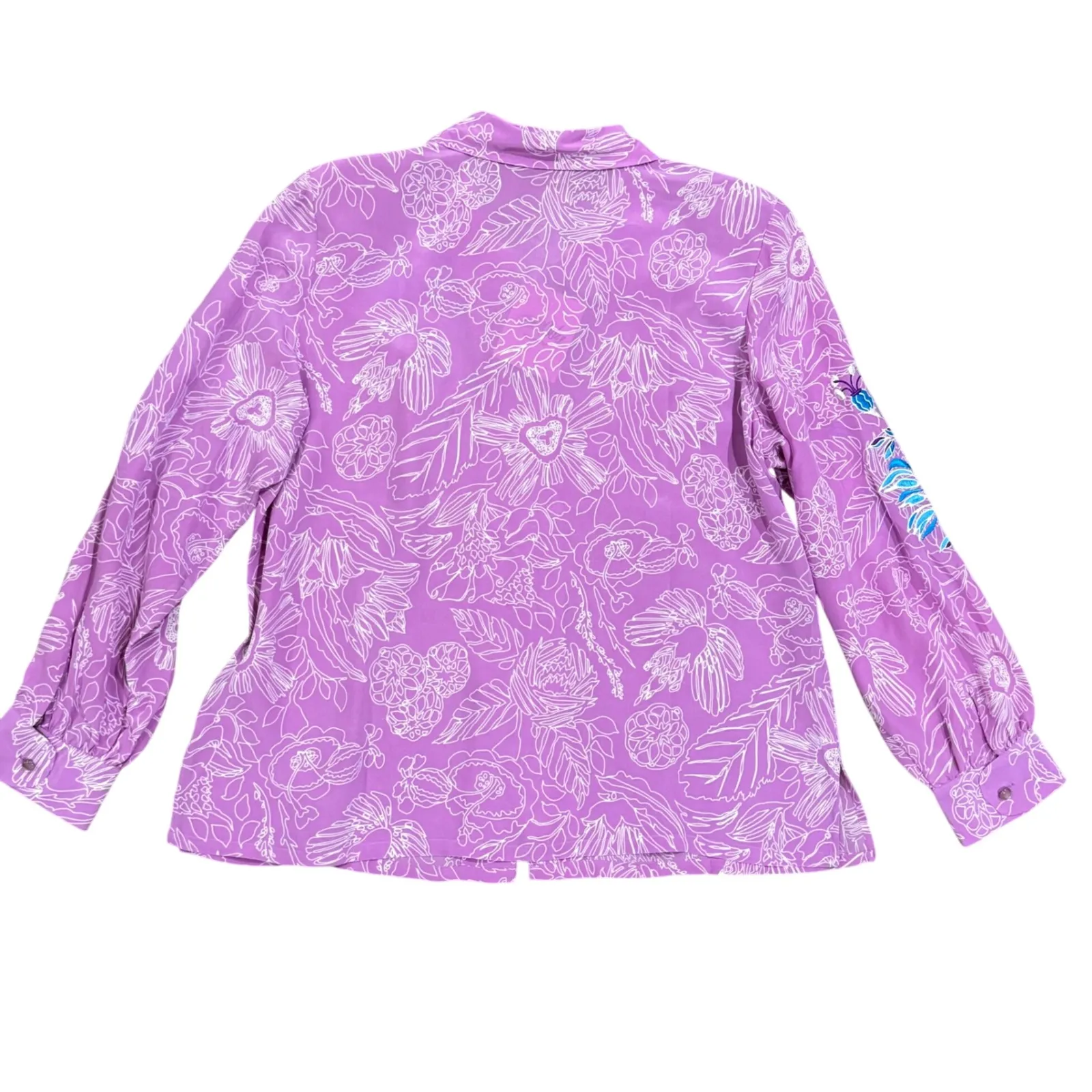 VTG Bob Mackie Wearable Art 100% Silk Floral Print Button Up Blouse Purple Blue - Image 5
