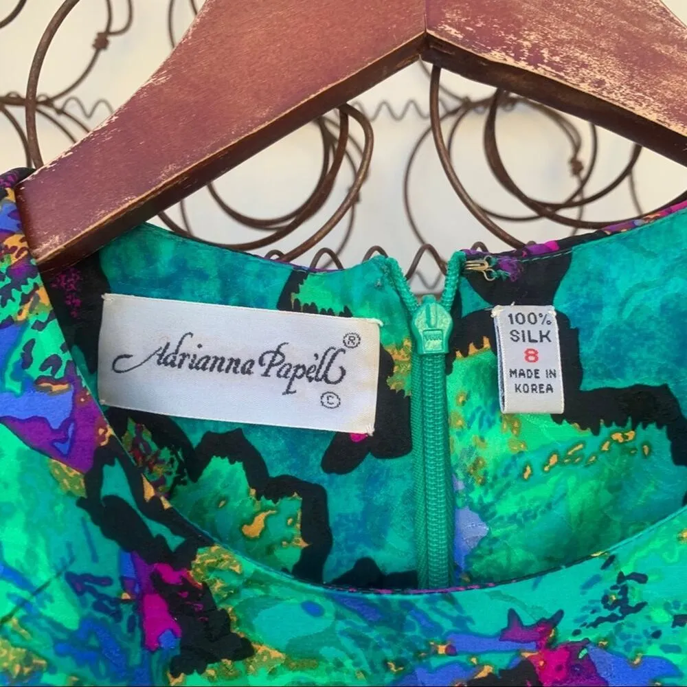 Vintage 90s Adrianna Papell 100% silk dress neon green floral Size 8 - Image 5