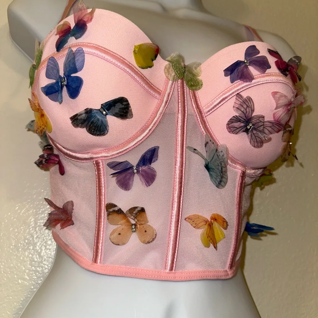 Pink 3D Butterfly Mesh Bustier Top – Size L (Removable Straps) Size L - Image 4