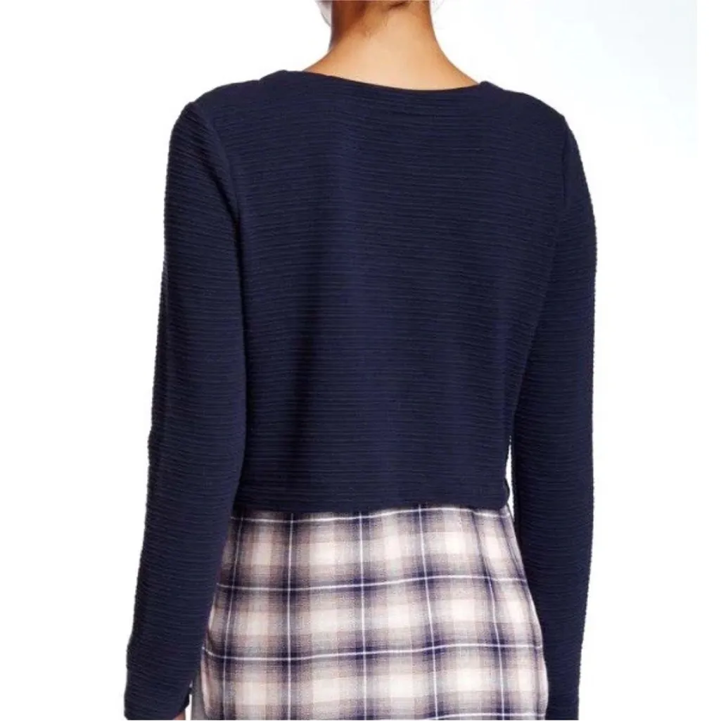 Romeo & Juliet Couture "Peek-A-Boo" Navy Textured Sweater with Plaid Panel - Image 2