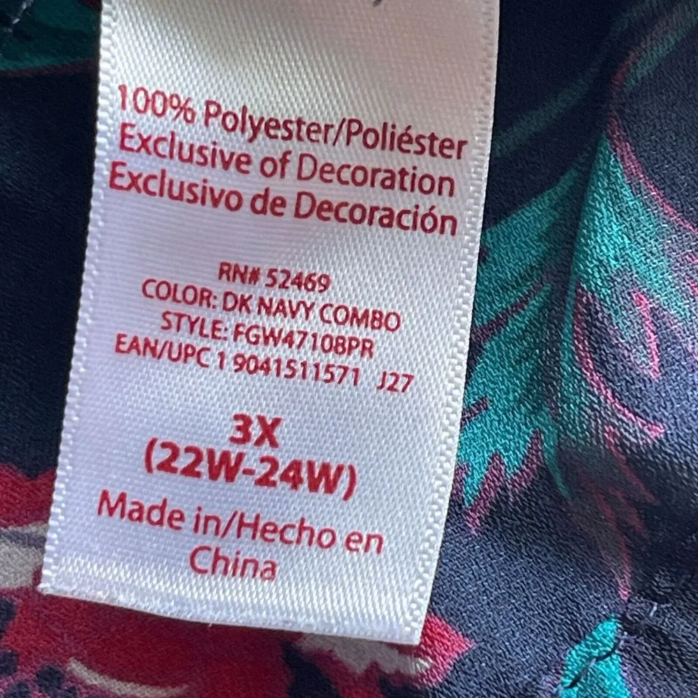 Faded Glory Floral Top Blouse Womens Size 3X Dark Navy Lace Up Bell Sleeve Boho‎ - Image 12