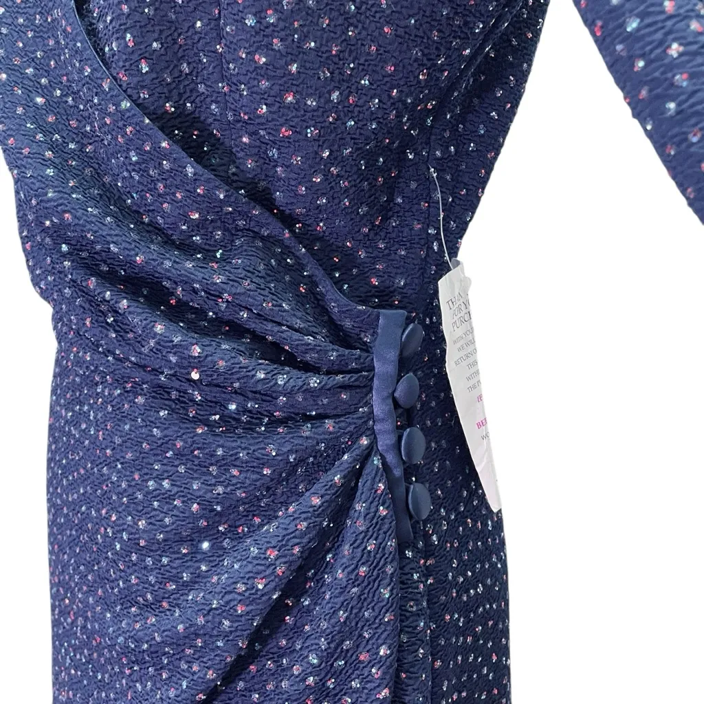 NWT Reggio Millennium 2000 Navy Sparkle Wrap Dress Size 10 Long Sleeve Ruched Blue - Image 8