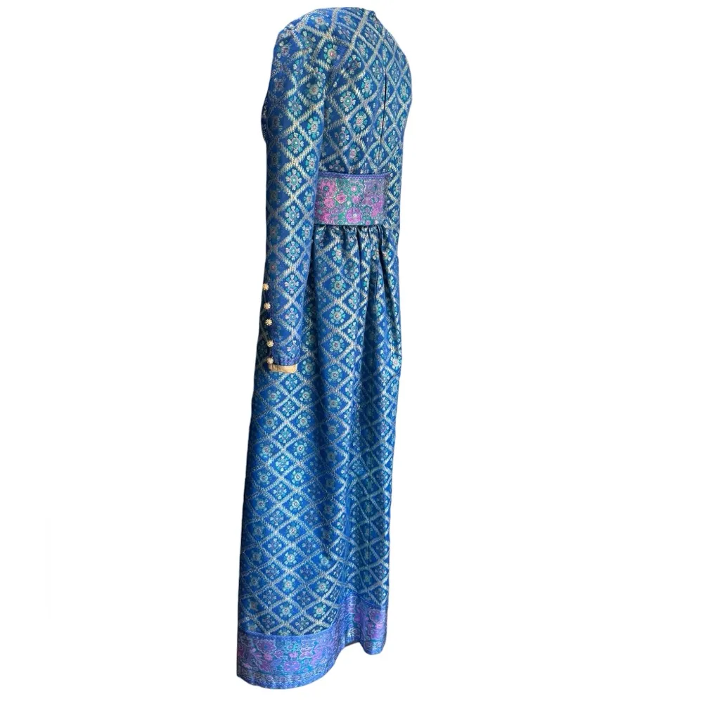 1960's 1970s Oscar de la Renta Sapphire-Blue Metallic Silk-Brocade Gown Size 6/8 - Image 6