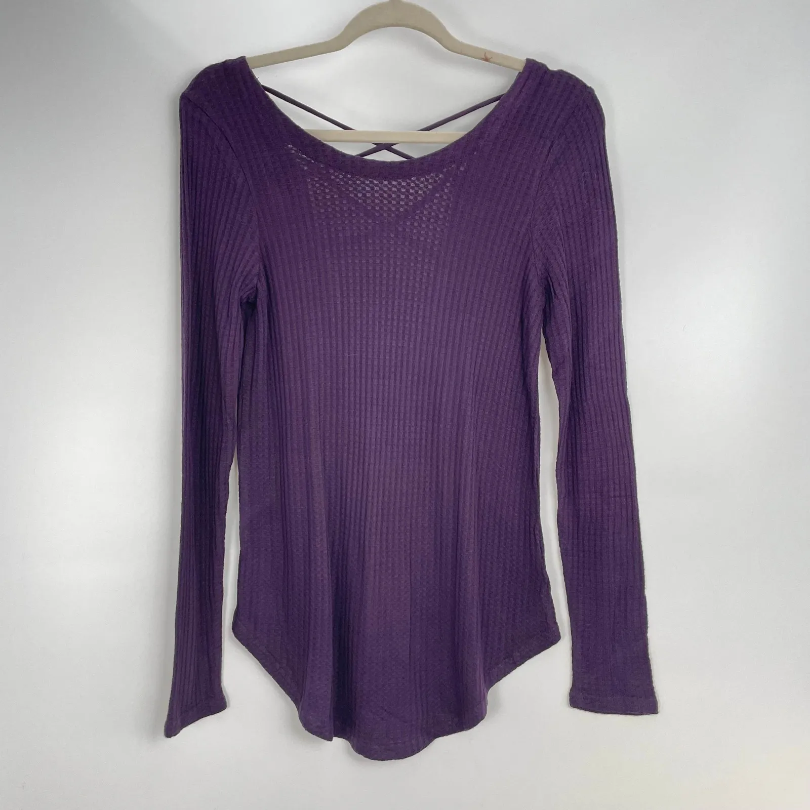 Chaser Purple Raisin Waffle Knit Long Sleeve Criss Cross‎ Back Blouse Top Size M - Image 2