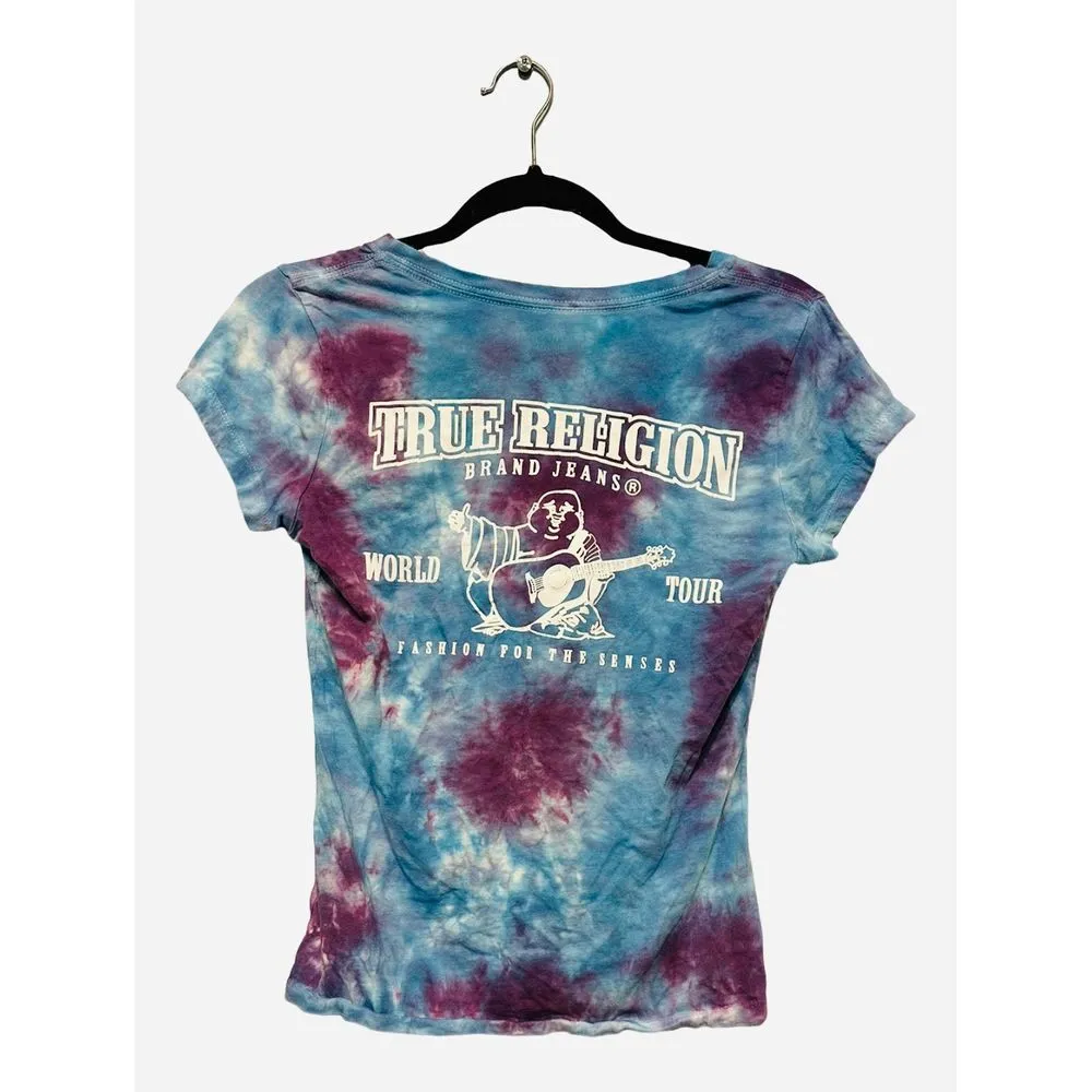 True Religion Tie Dye Y2K Buddha TShirt Purple Blue Graphic V-Neck Size XS - Image 2