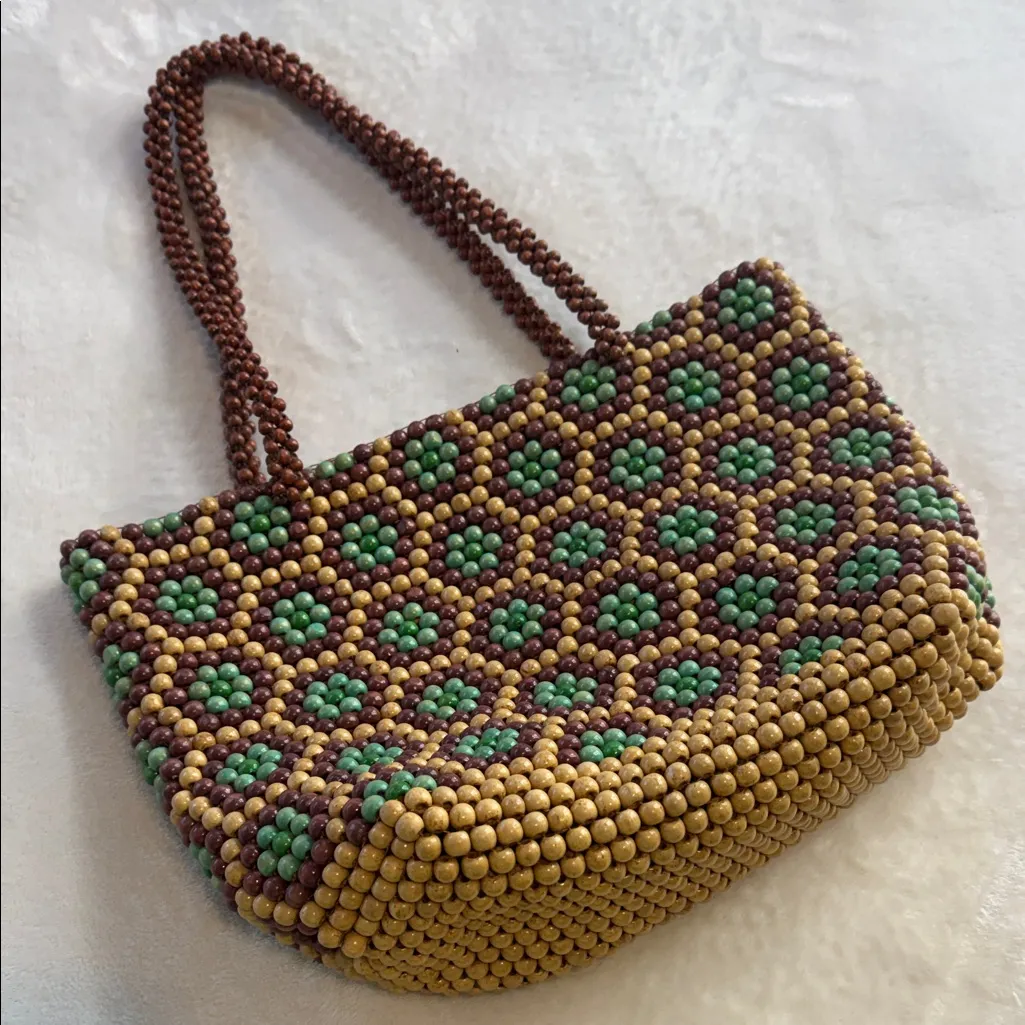 Vintage Brown and Green Earthy Wooden Beaded Statement Retro Tote Bag - Image 10