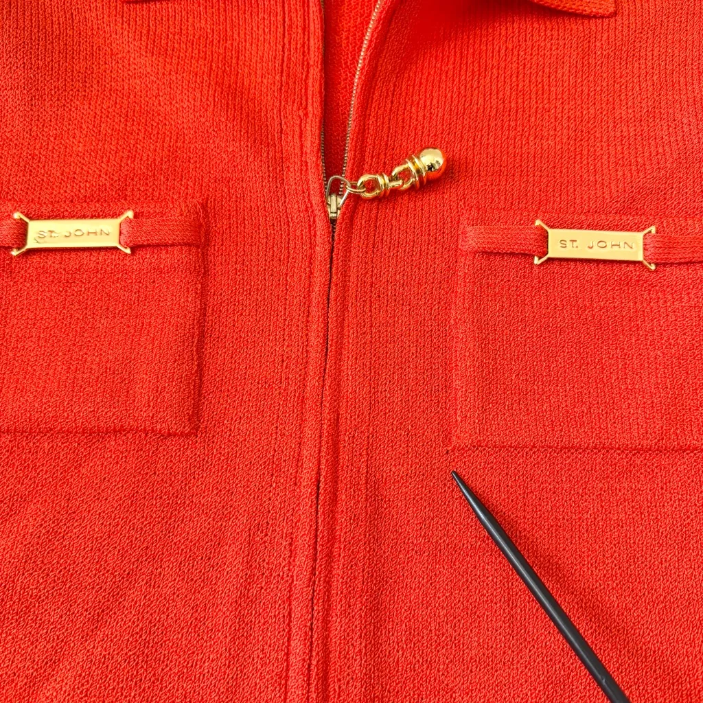 St. John Collection "Orange Poppy" Knitted Full Zip Jacket Gold detail Sz P - Image 11