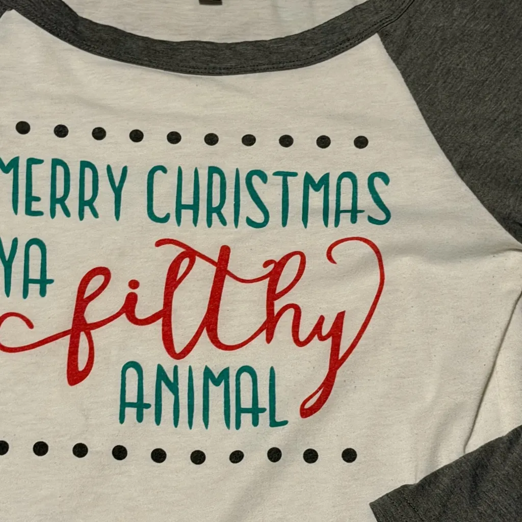 Gildan Gray and White Long Sleeve Christmas Tee size medium - Image 2