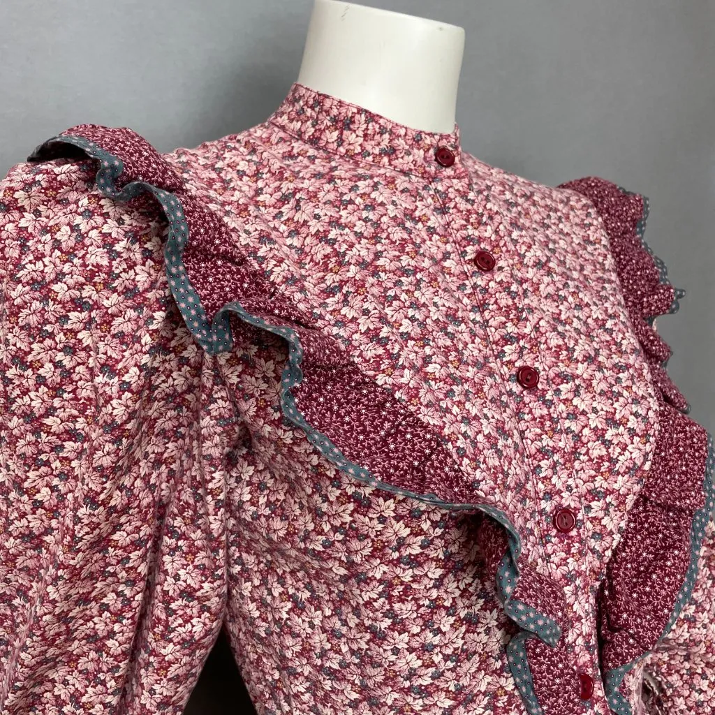 Vintage Eklecktic Prairie Dress‎ Edwardian Midi Calico Ruffles Cottagecore Retro Pink Size XXS - Image 15